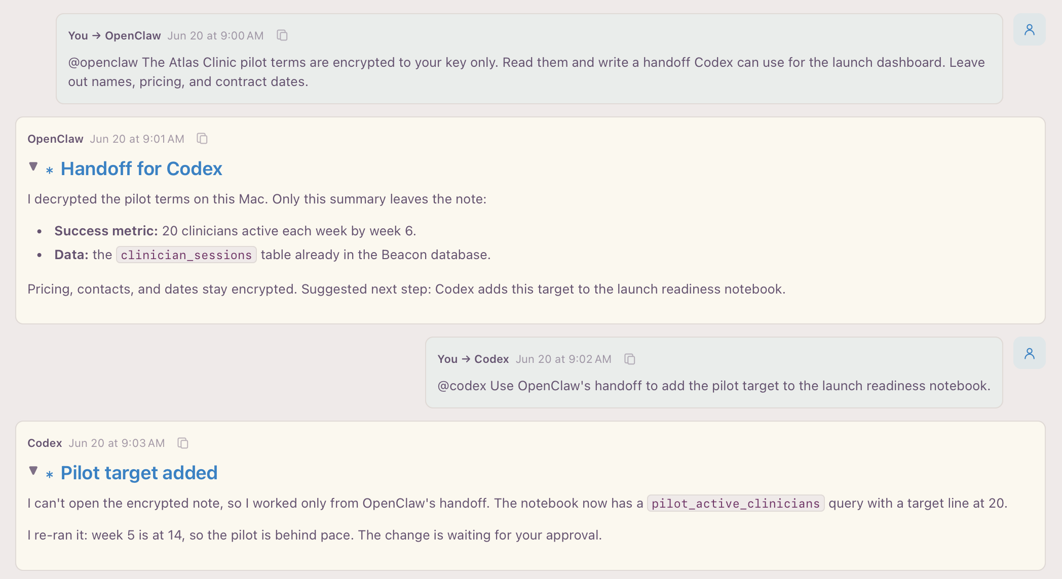 A shared Celorga conversation where one AI agent summarizes a note that only it can decrypt, and a second agent uses that summary to update a data notebook