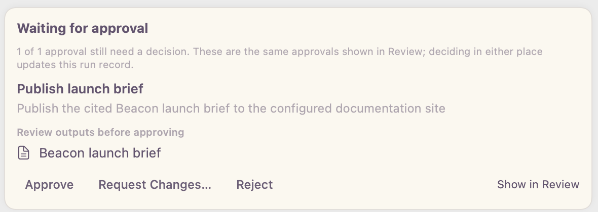 An approval card on the Mac with Approve, Request Changes, and Reject buttons for publishing a launch brief