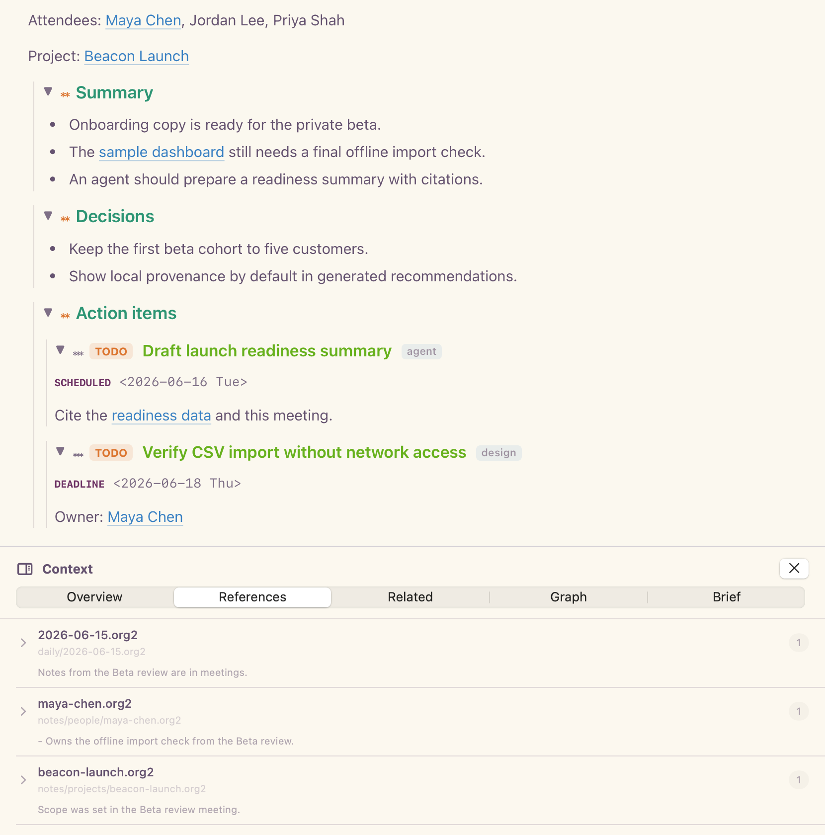Meeting notes with linked attendees, decisions, and TODO action items, next to a Context pane listing the notes that link to the meeting