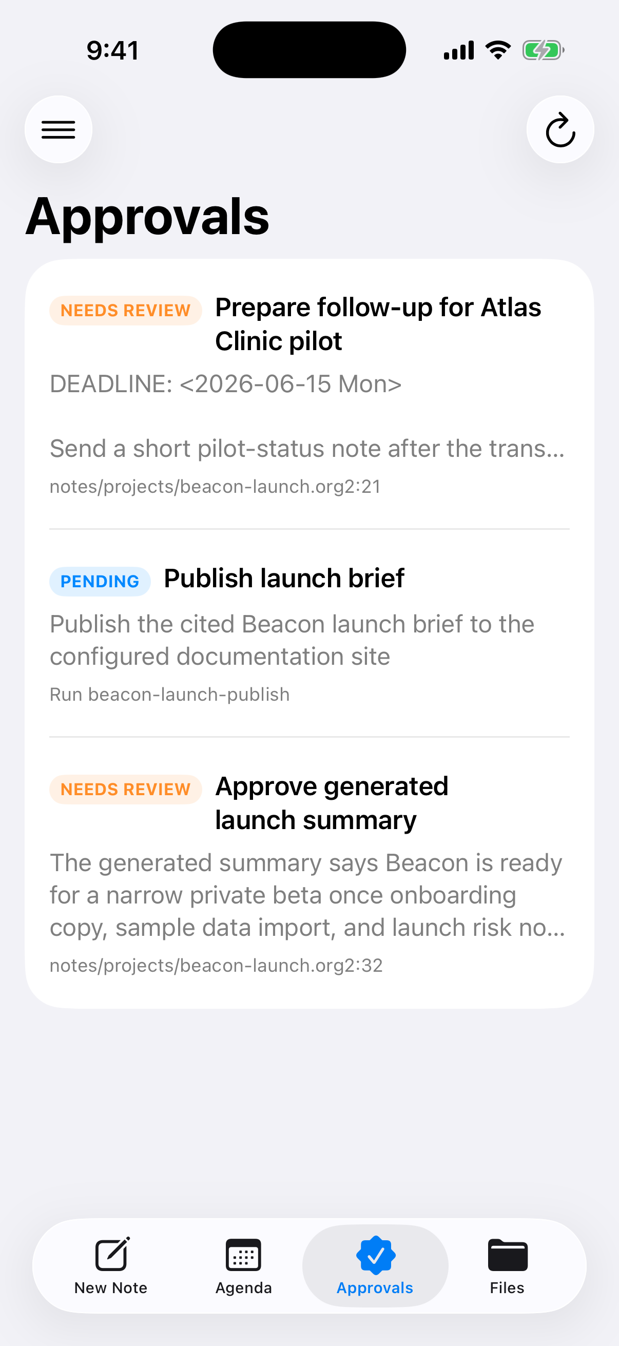 Celorga approvals list on iPhone with items that need review
