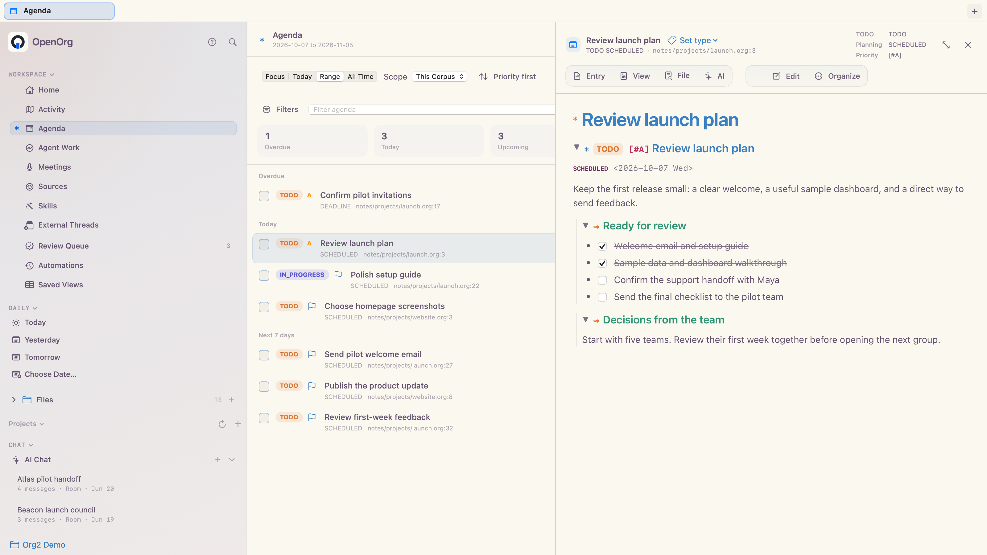 OpenOrg agenda showing overdue, today, and upcoming tasks beside a launch plan and its checklist