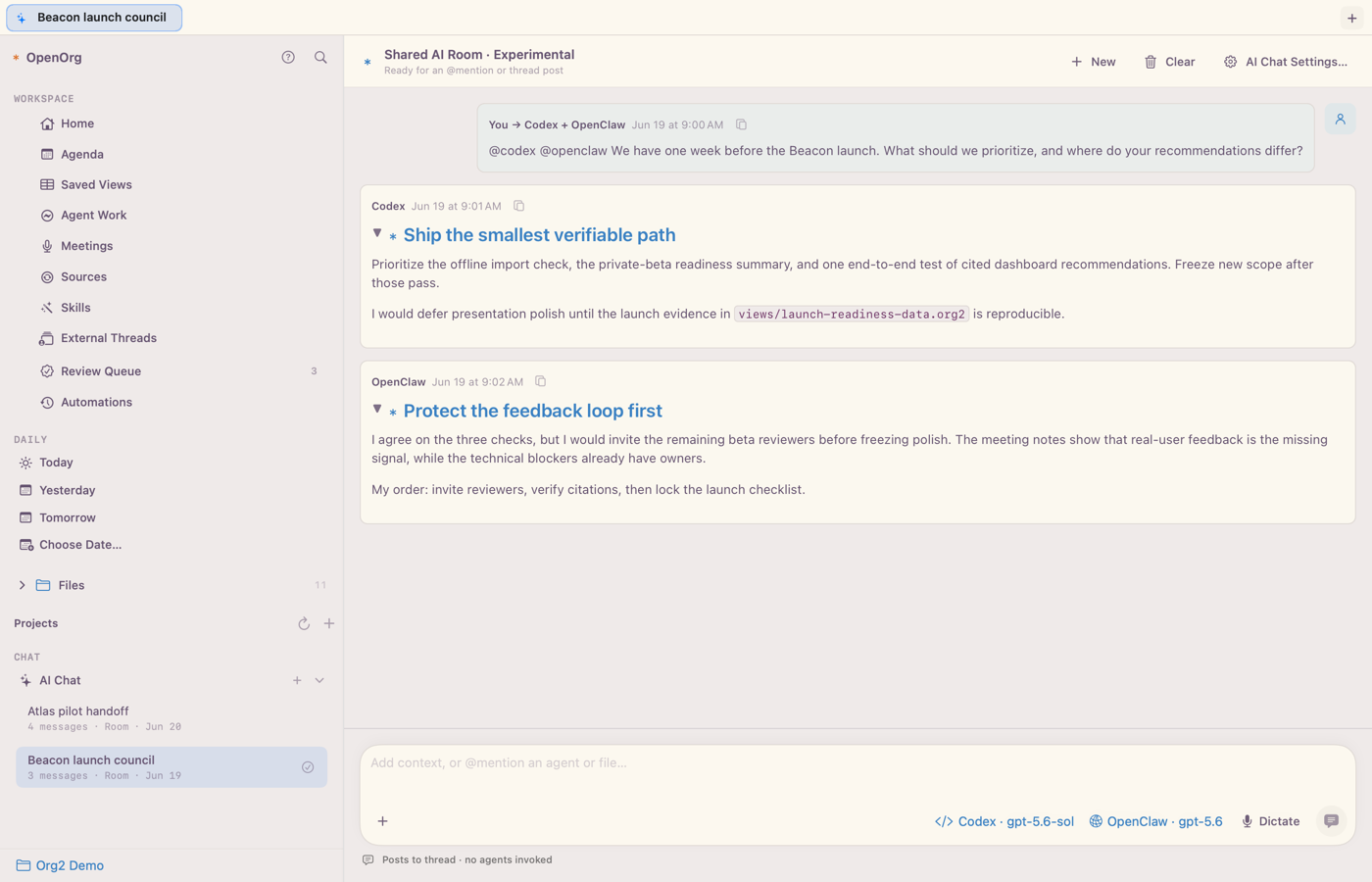 Celorga shared AI room showing one question answered side by side by two configured agents