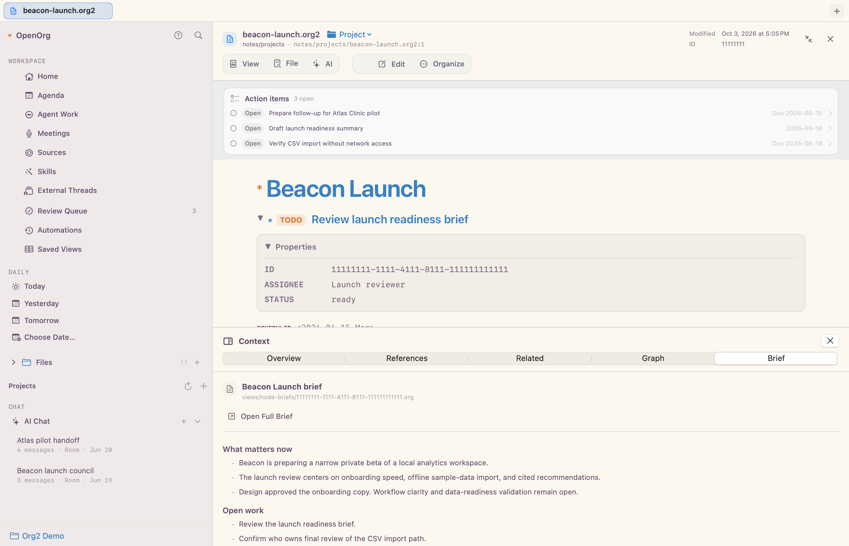 Celorga project note with open work and a source-cited AI brief in the Context pane