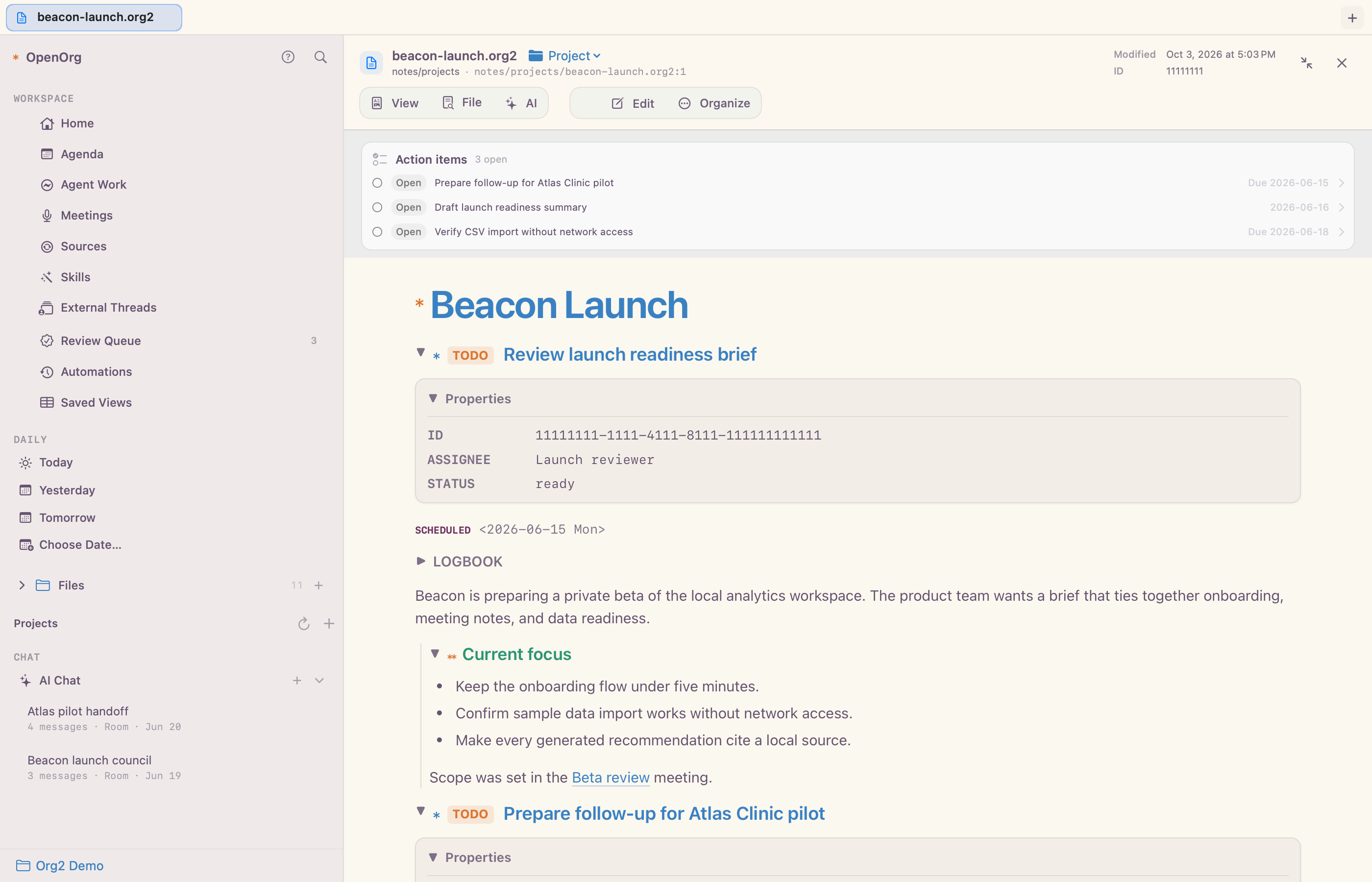 Celorga Files view showing an Org note in the detail pane