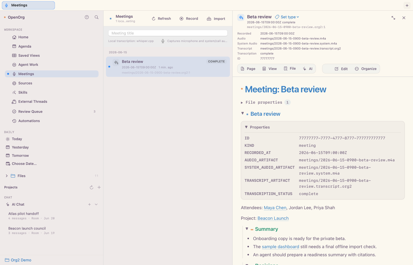 Celorga meeting view with transcript metadata, summary, decisions, and action items