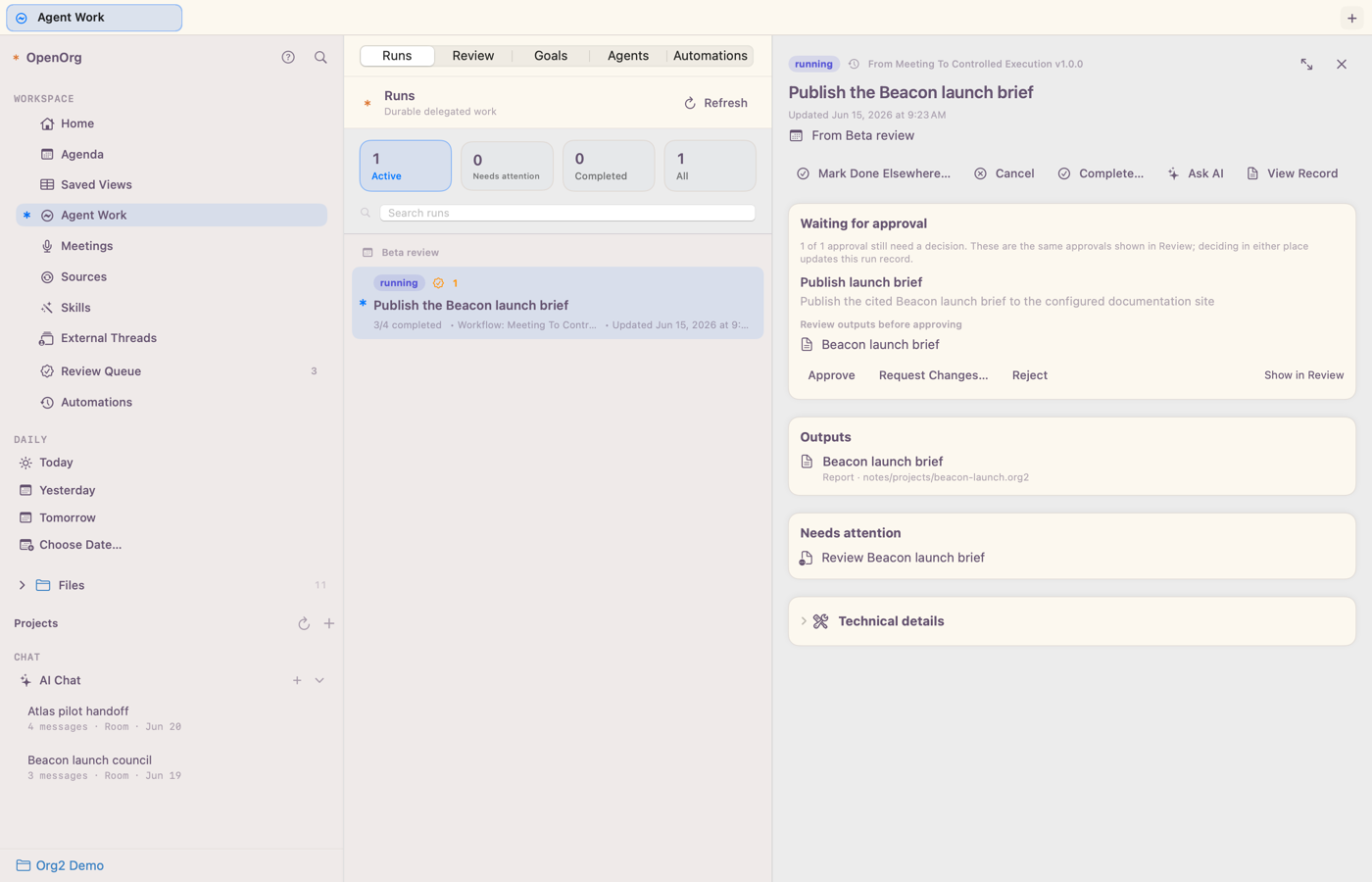 Celorga Agent Work showing an approval-ready launch brief with outputs and review state